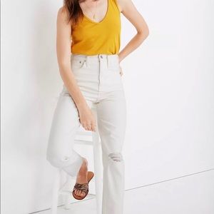 Madewell The Momjean High Rise Distressed Petite in Tile White Mom Jeans